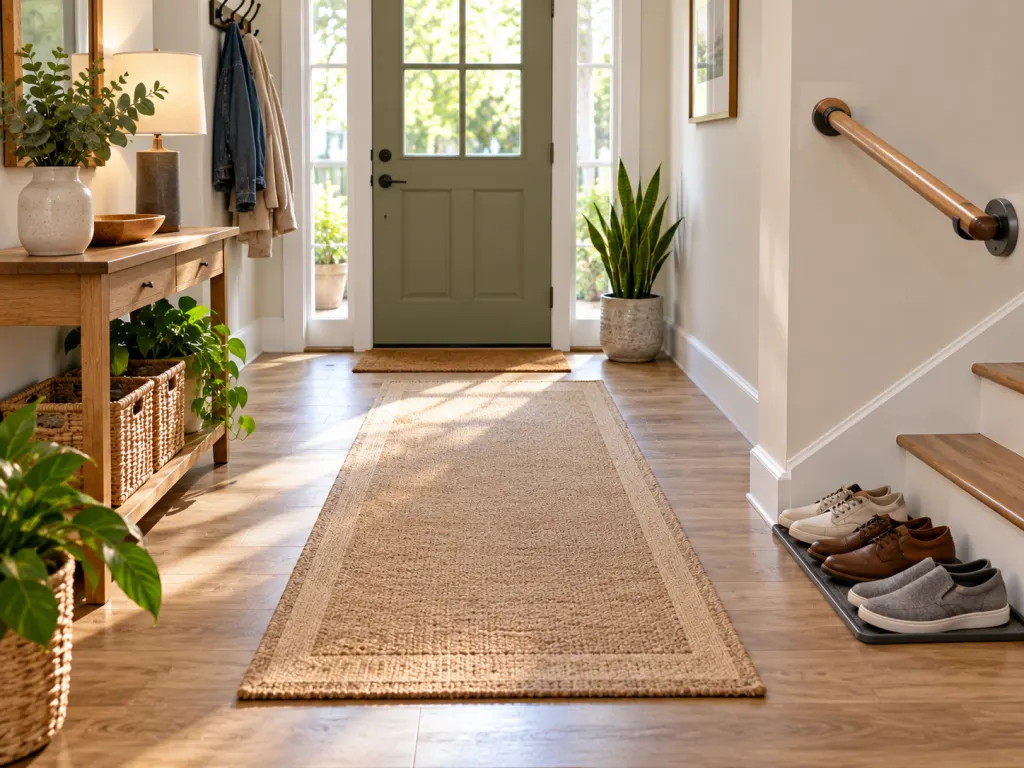 Clear well lit home entryway arranged to reduce trip hazards