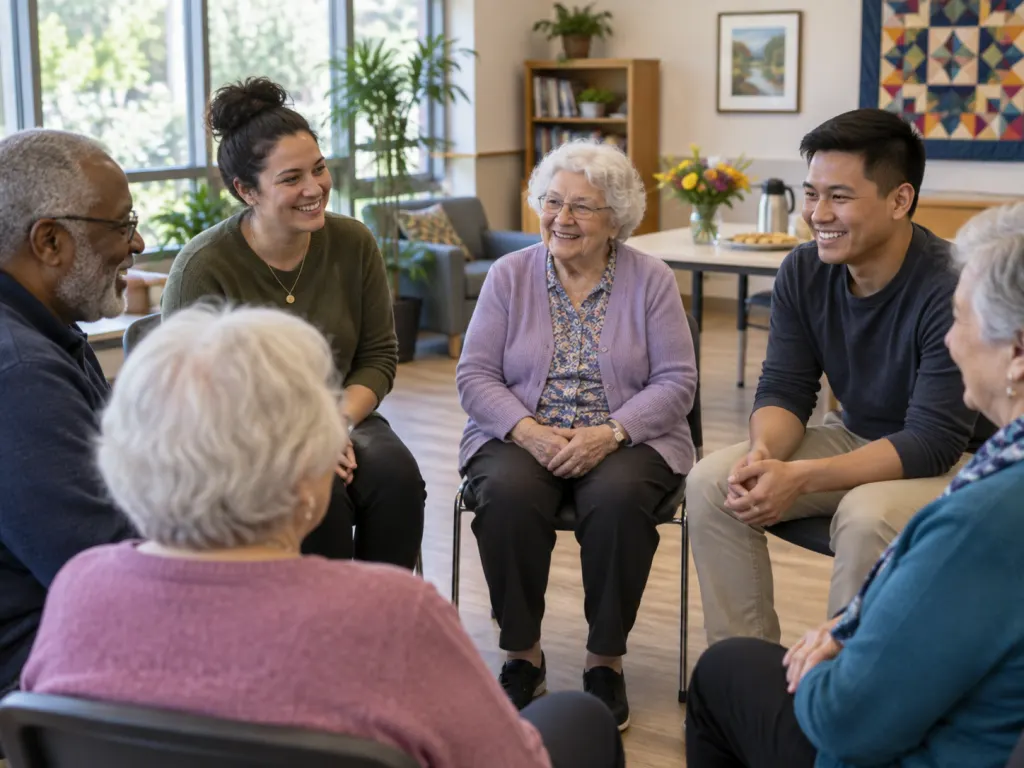 Mixed age group sharing a relaxed community activity