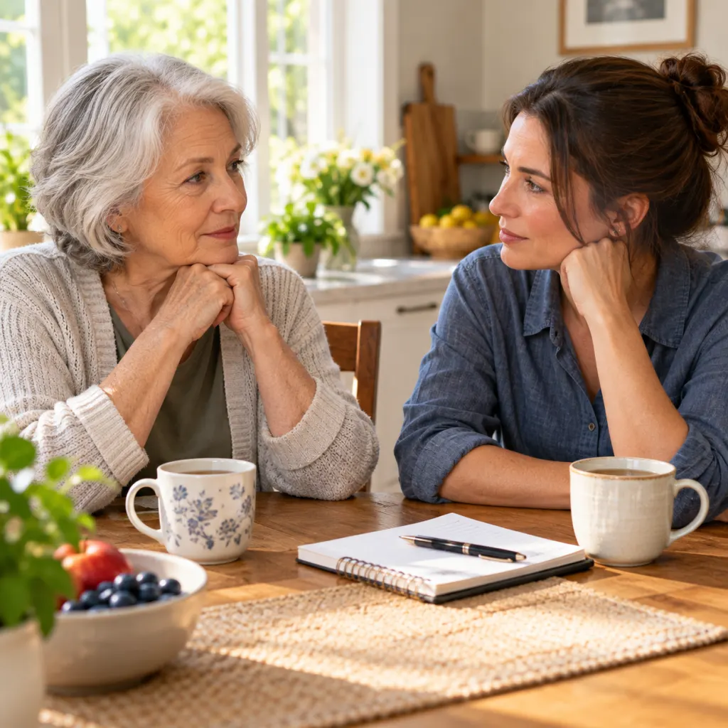 Older and younger adults having a calm conversation at a kitchen table