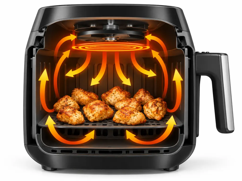 Cutaway illustration showing hot air circulating inside an air fryer basket around food