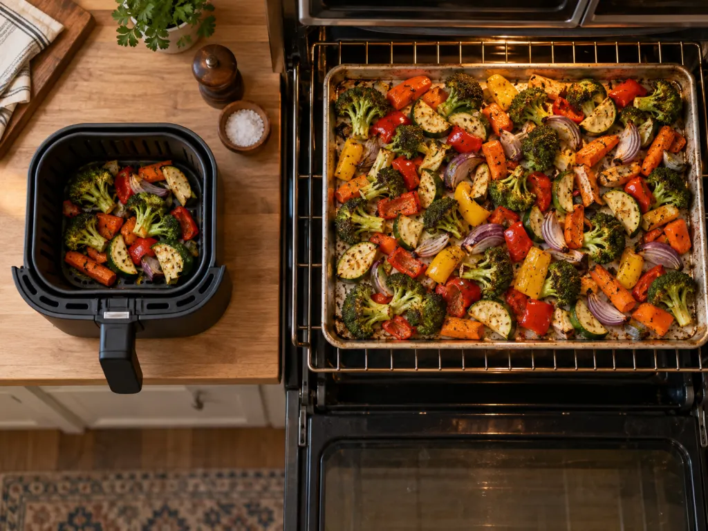 Overhead view comparing a small air fryer basket portion with a full oven sheet pan, showing the capacity difference