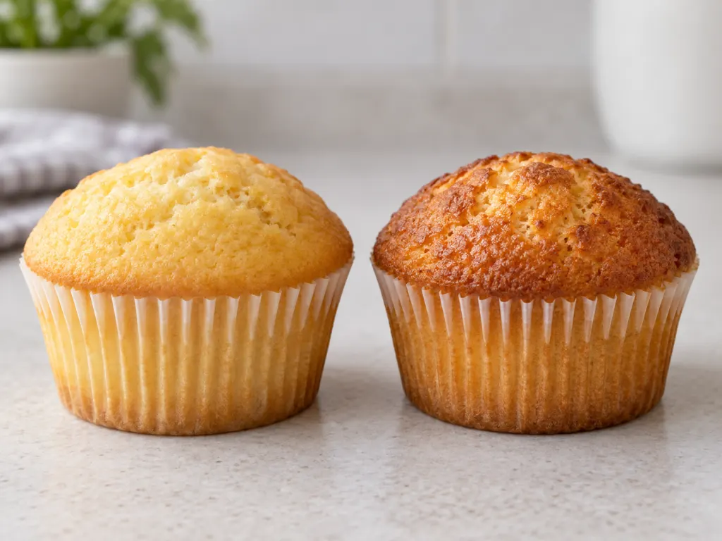 Two cupcakes side by side showing the textural and color difference between oven-baked and air-fried results