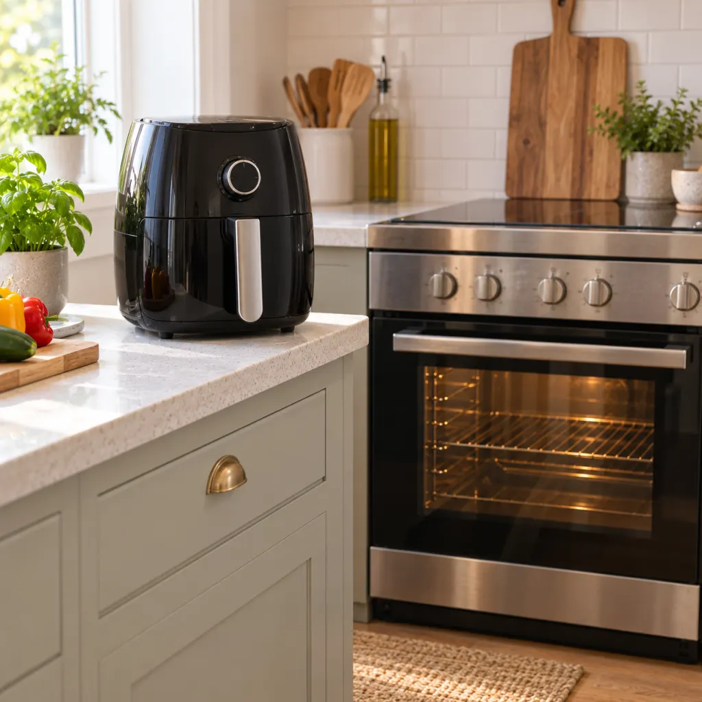 An air fryer and a conventional oven side by side on a kitchen countertop