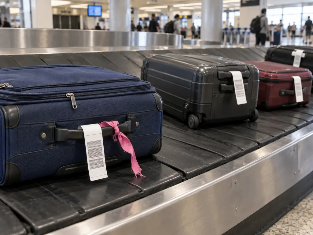 Suitcases on an airport conveyor showing why loose decorations can get in the way.