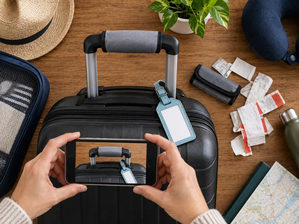 A travel packing setup with a sturdy luggage tag and old baggage labels removed.