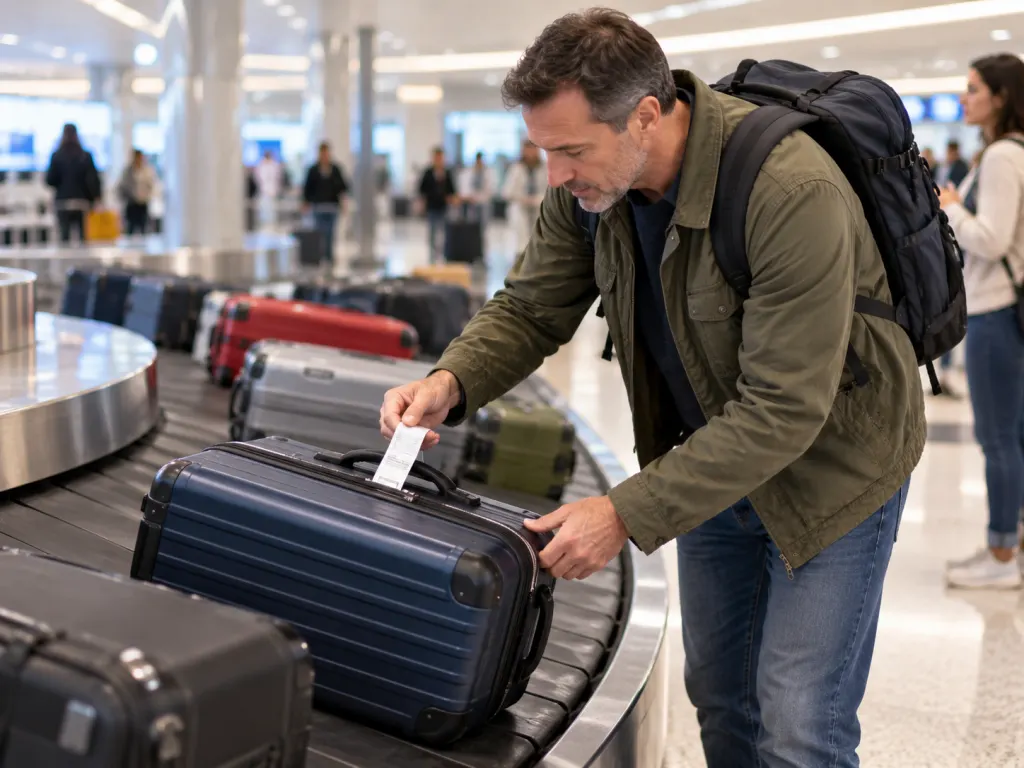 A traveler checks a suitcase tag at baggage claim before taking the bag.