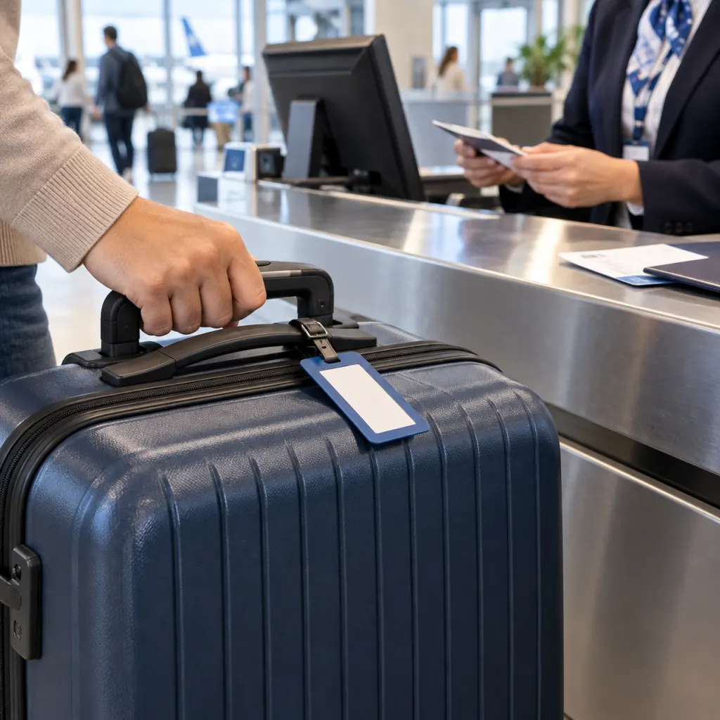 A clean suitcase at an airport counter with one secure luggage tag and no loose ribbons.