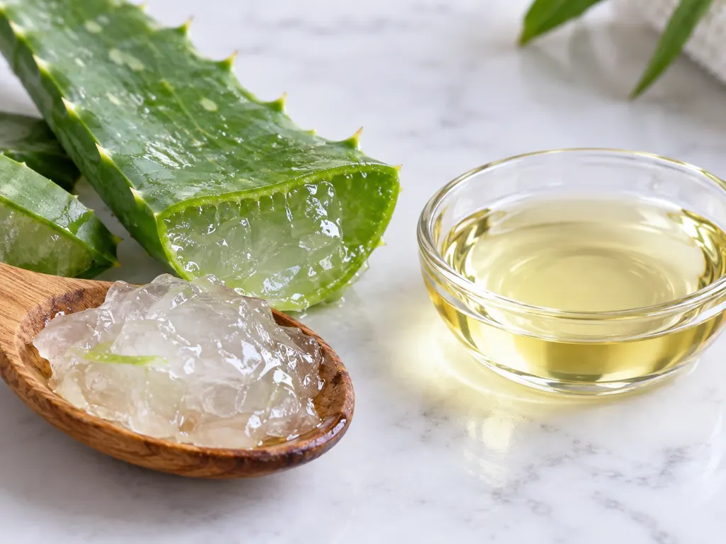 Aloe gel and a light carrier oil shown side by side on a clean surface.