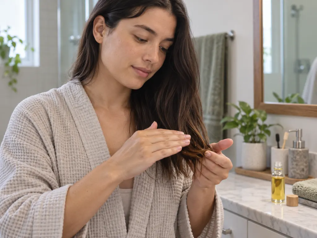 A person applies a small amount of oil to the ends of their hair.