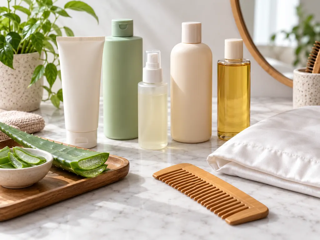 Unbranded hair-care bottles, aloe leaf, comb, and pillowcase arranged for label and residue awareness.