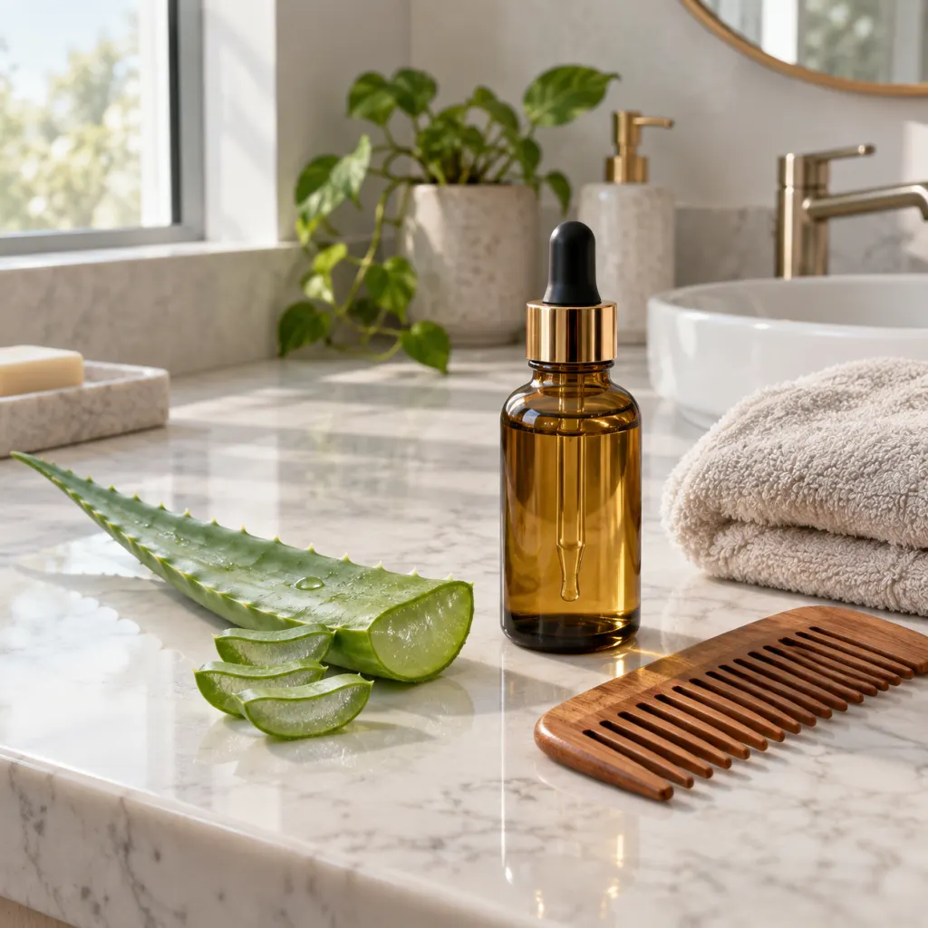 Aloe leaf, hair oil bottle, comb, and towel arranged on a clean bathroom counter.