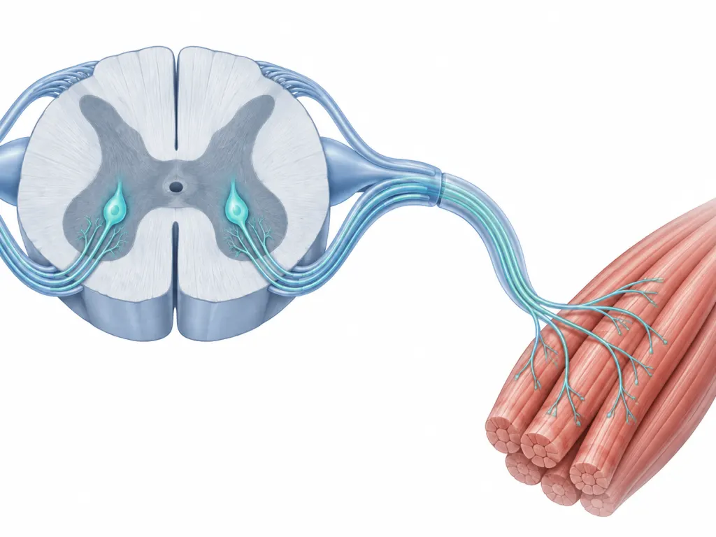 Educational cross-section illustration of the spinal cord showing motor neurons extending to skeletal muscle fibers