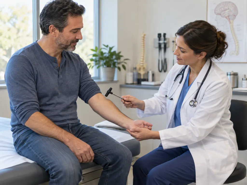 A neurologist conducting a reflex examination on a seated patient's arm in a calm clinical examination room
