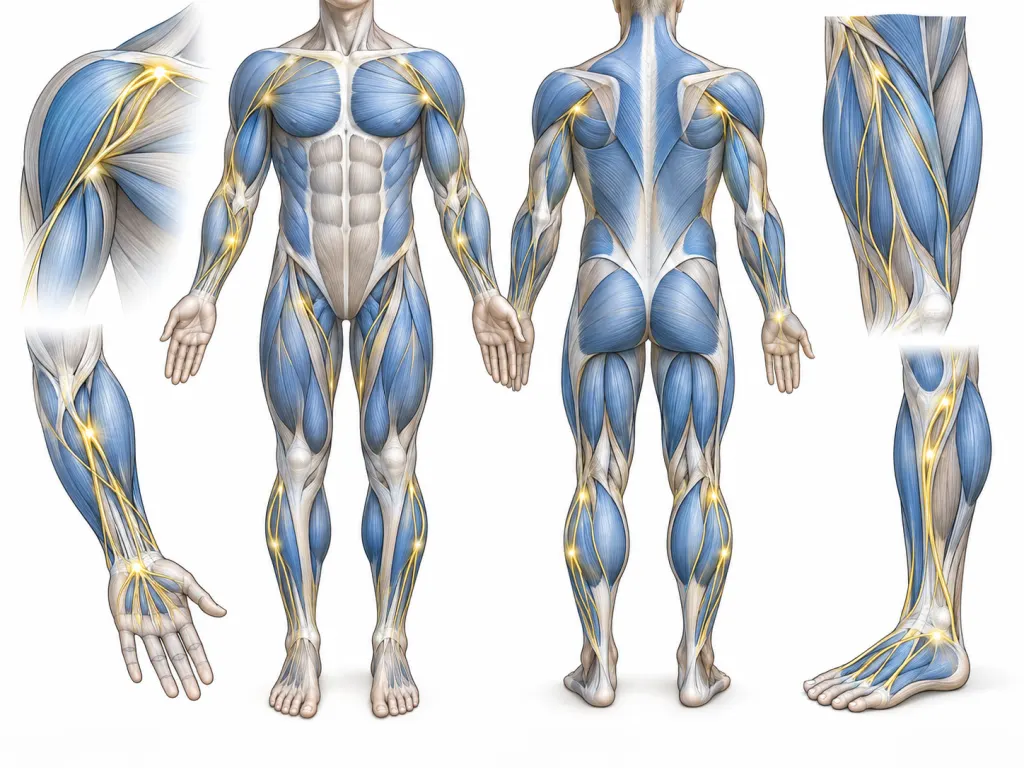 Educational anatomical illustration of arm and leg muscle groups with highlighted nerve connection points