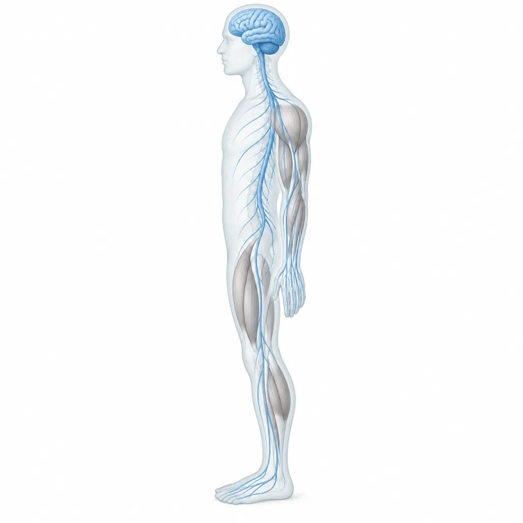 Educational illustration of the brain, spinal cord, and motor neuron pathways extending to arm and leg muscles