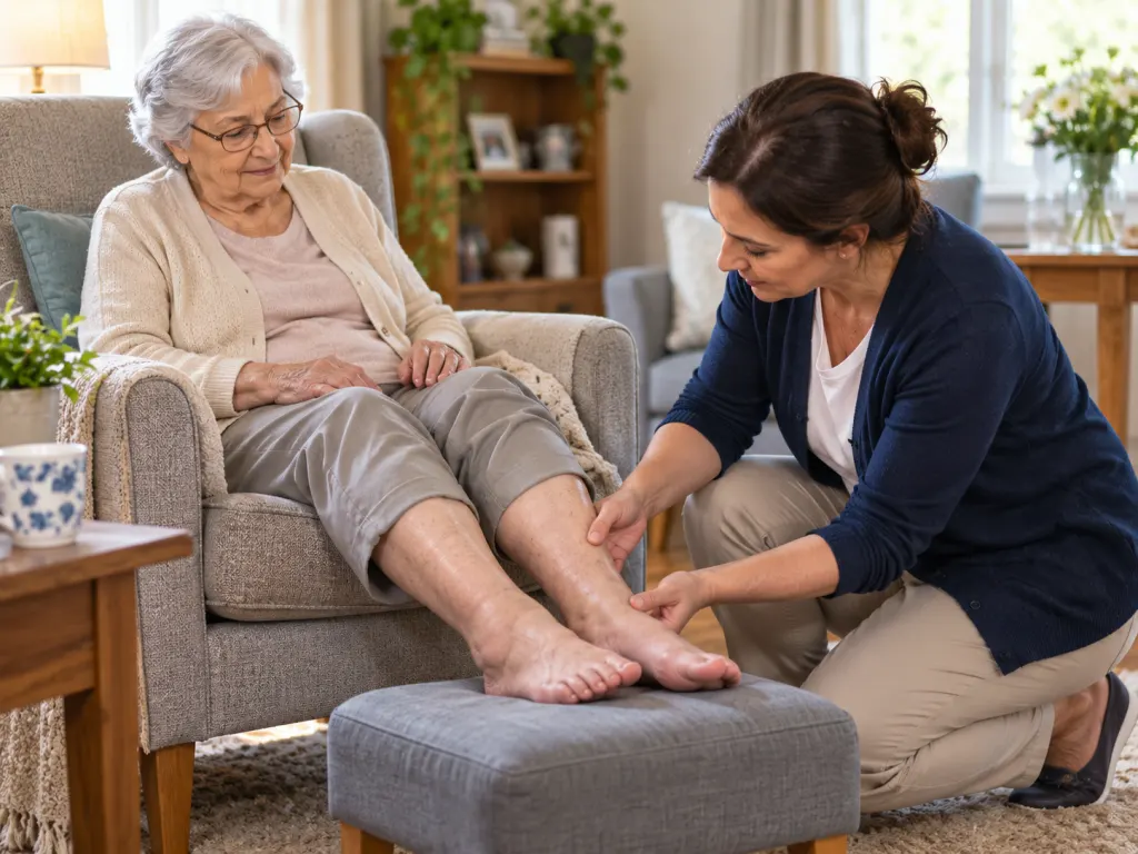 A seated adult has their ankles checked in a calm home setting.