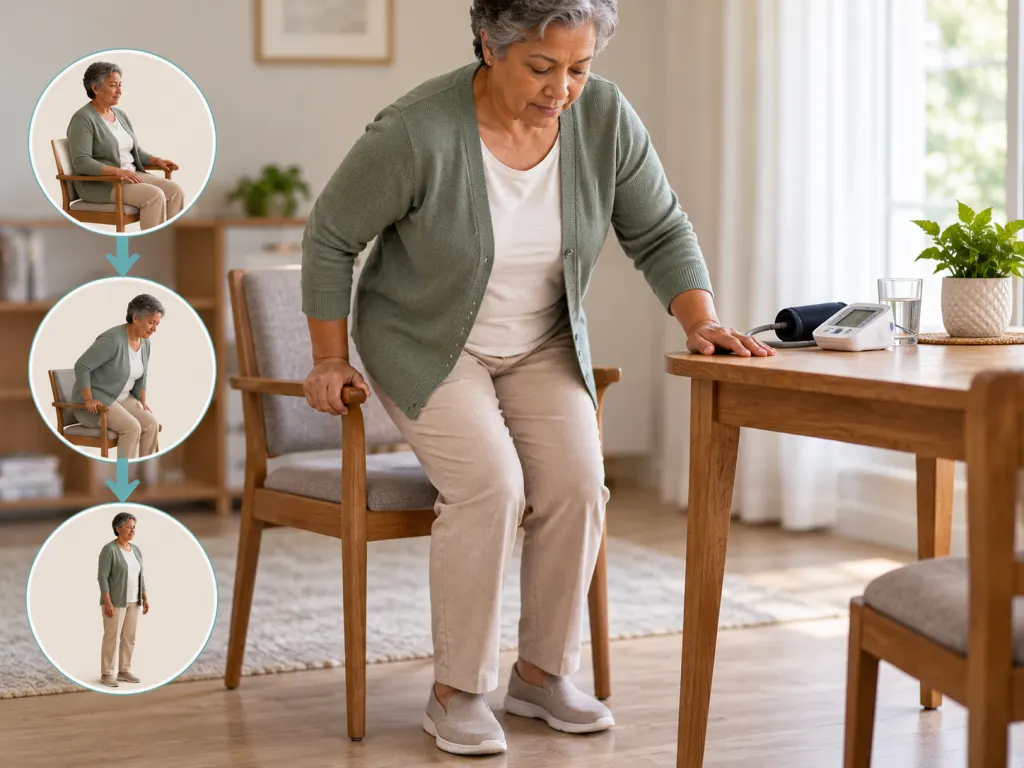 An adult stands carefully from a chair near a blood pressure monitor.