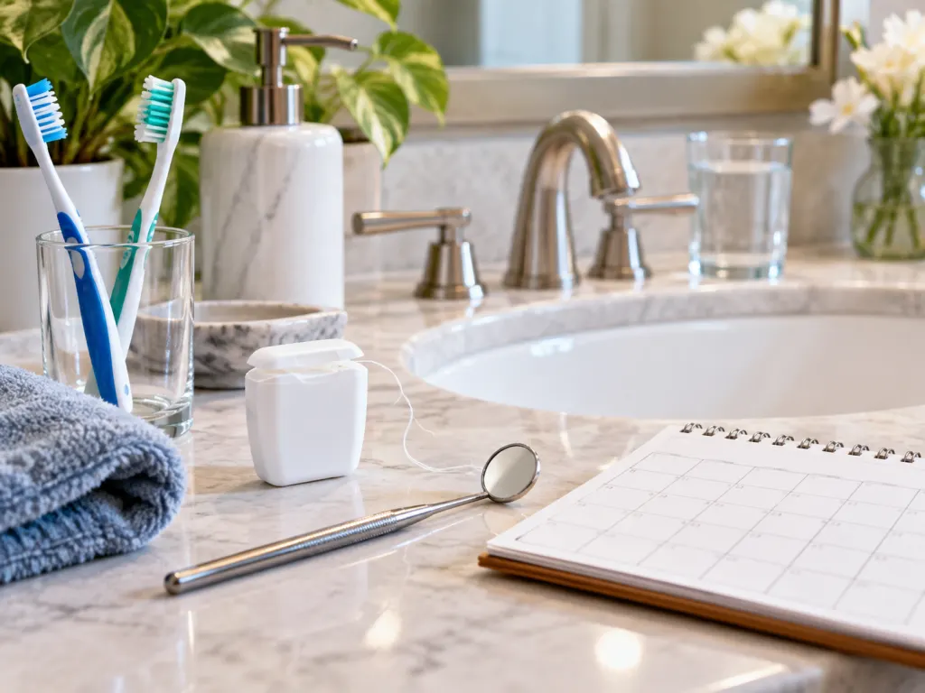 Dental care tools sit beside a sink as a reminder to watch for gum changes.