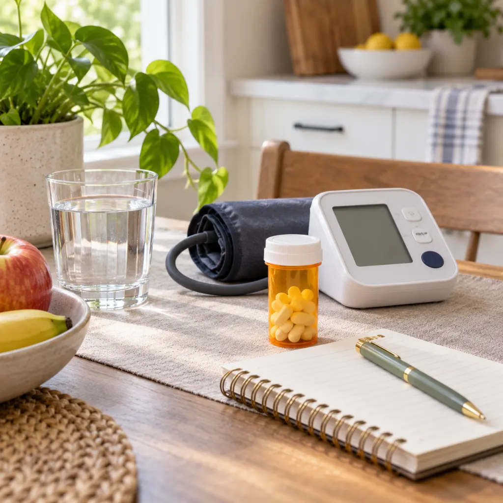 A blood pressure monitor, medicine bottle, and notebook arranged on a clean table.