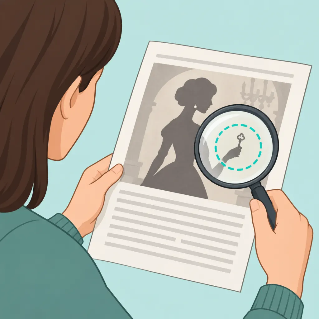 Illustration of a reader analyzing clues about Éléonore Morel’s secret identity.