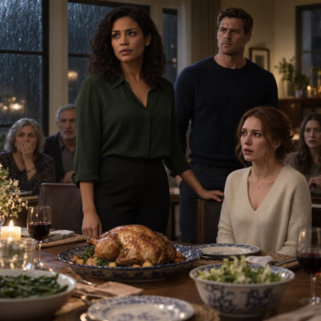 Mara stands at a tense family dinner after revealing a hidden truth.
