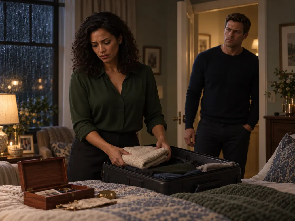 Mara packs a suitcase while Daniel stands in the bedroom doorway.