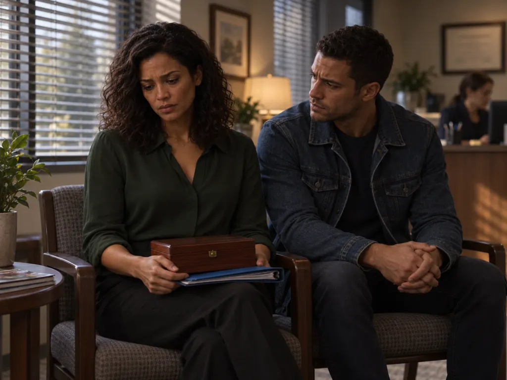 Mara waits with documents and a cedar box while Jonah supports her.