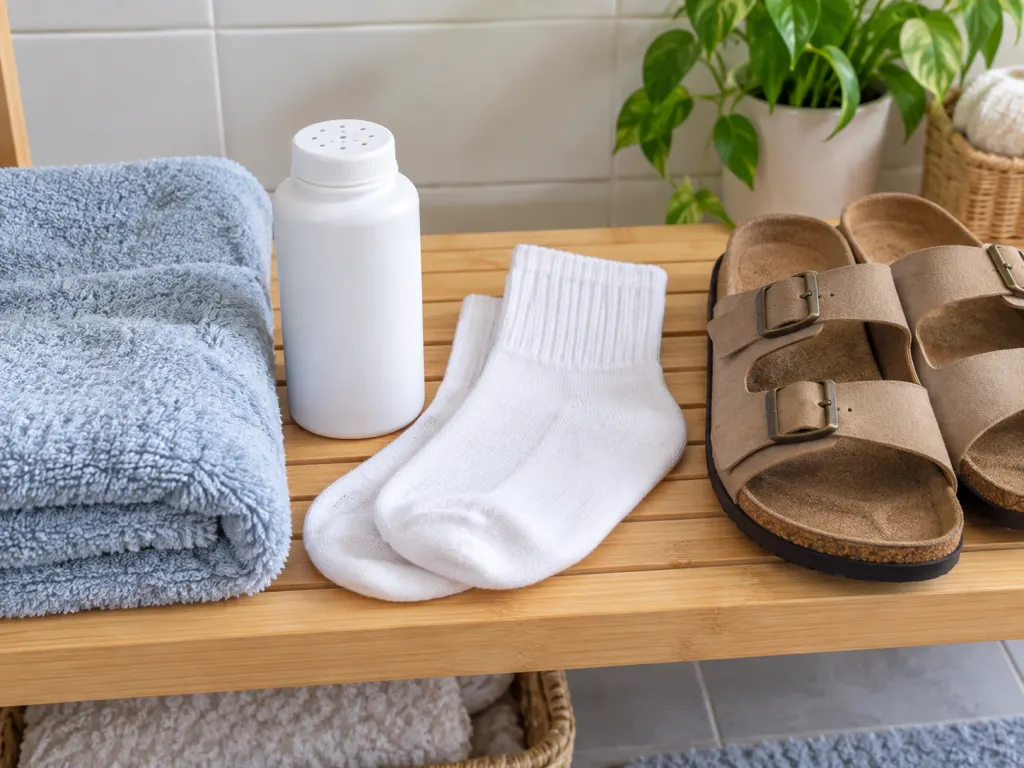 Foot hygiene items including a towel, foot powder, cotton socks, and sandals arranged on a shelf