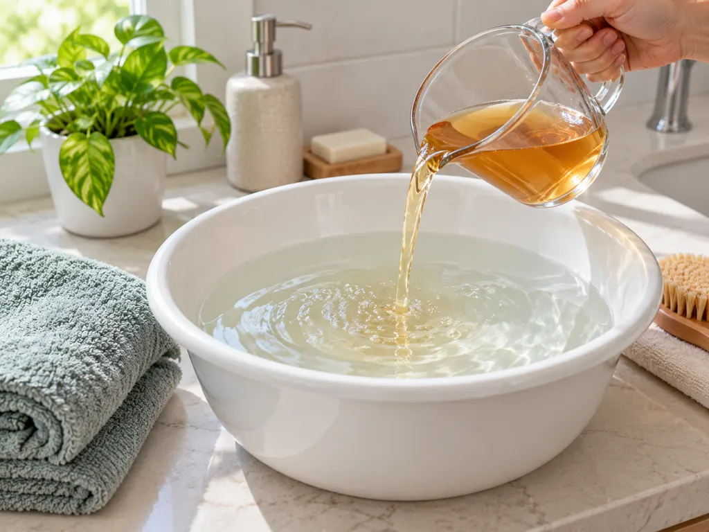Apple cider vinegar being poured into a basin of warm water to prepare a diluted foot soak