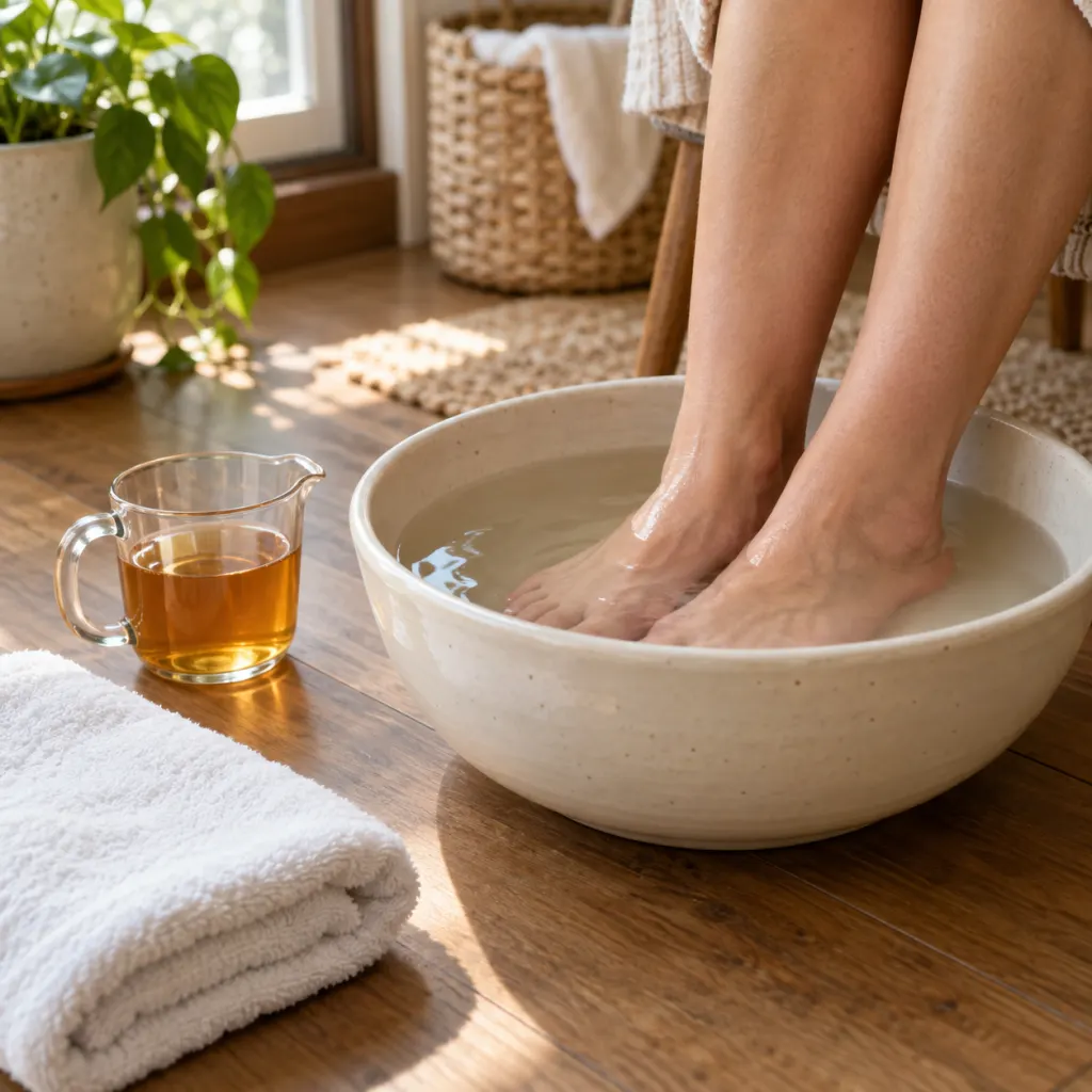 Bare feet soaking in a basin of warm water beside a small container of apple cider vinegar and a folded towel