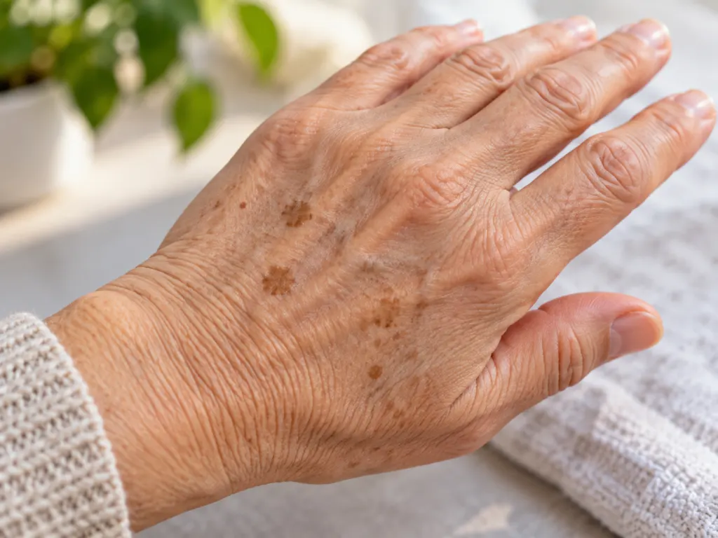 Close view of flat brown age spots on the back of an adult hand.