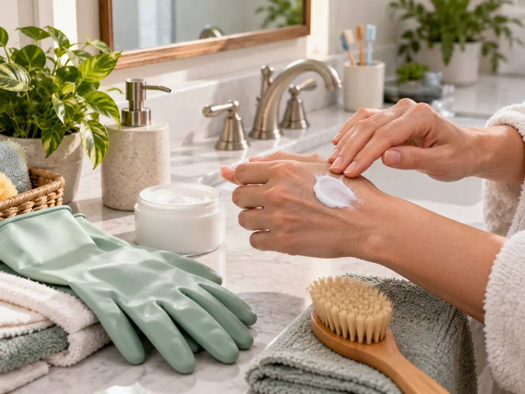 Hands applying moisturizer near cleaning gloves on a bathroom counter.