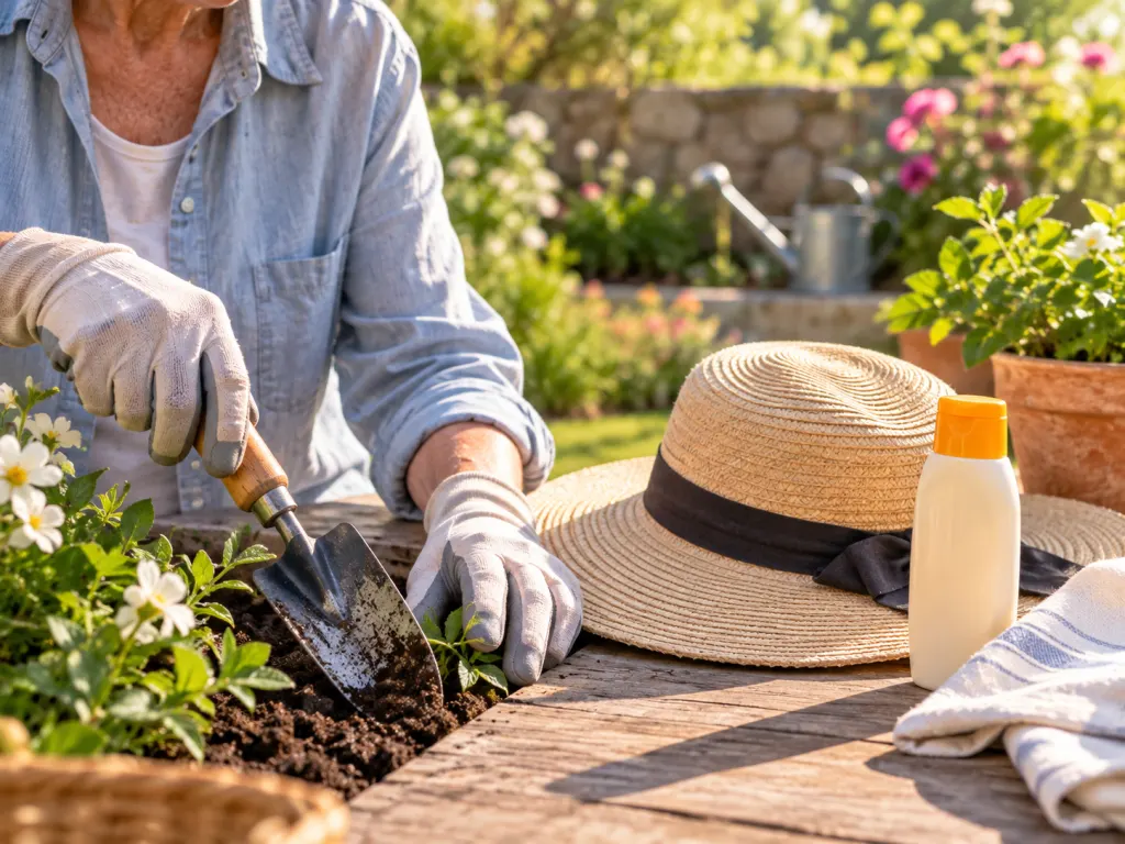 Sun-protective gloves, hat, and sunscreen arranged for outdoor hand care.