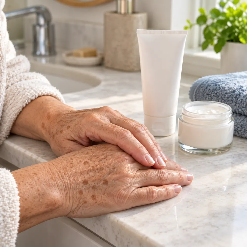 Mature hands with visible age spots beside sunscreen and moisturizer.
