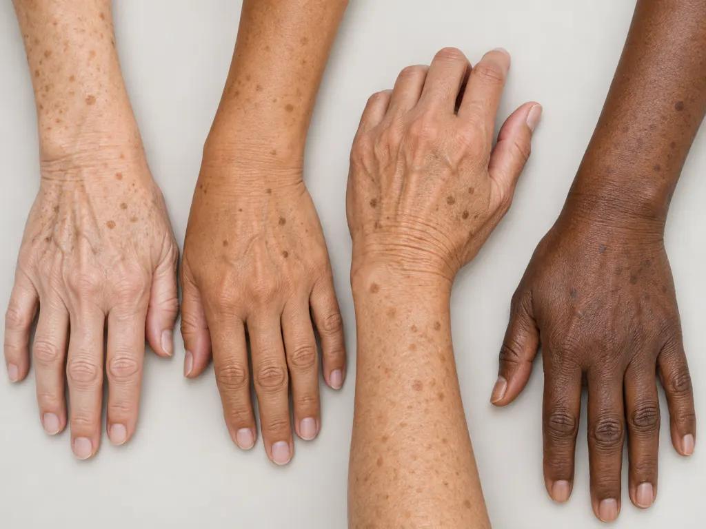 Educational illustration of hands and forearms showing wrinkles and flat age spots.