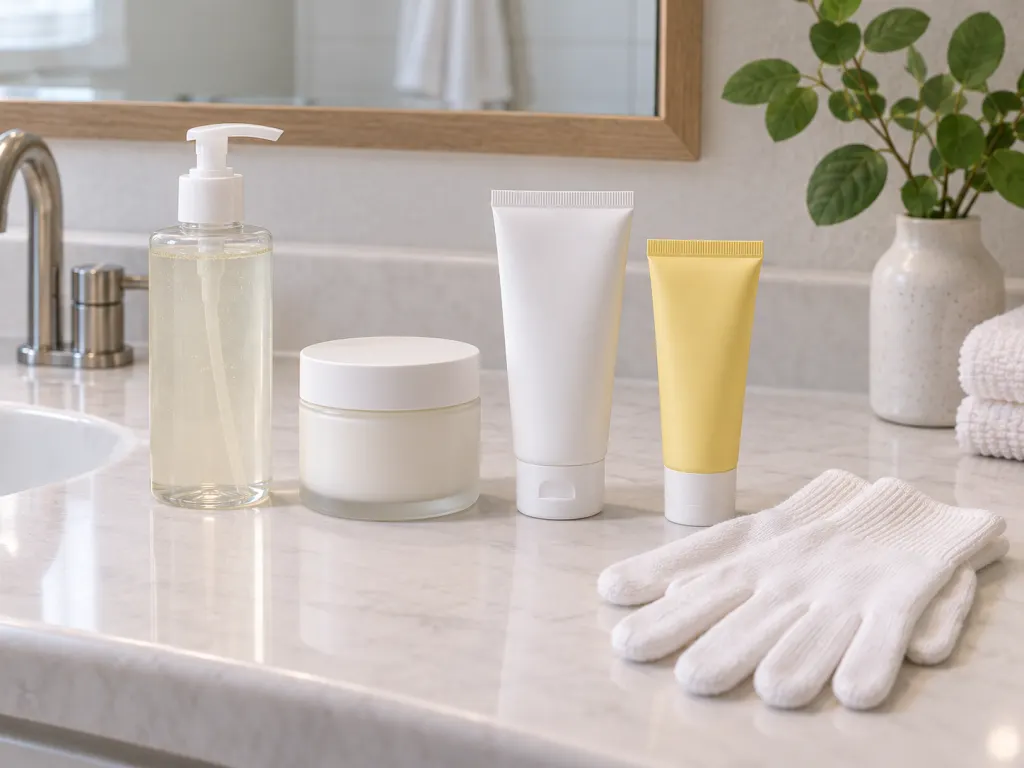 Gentle skin-care products and cotton gloves arranged on a clean bathroom counter.