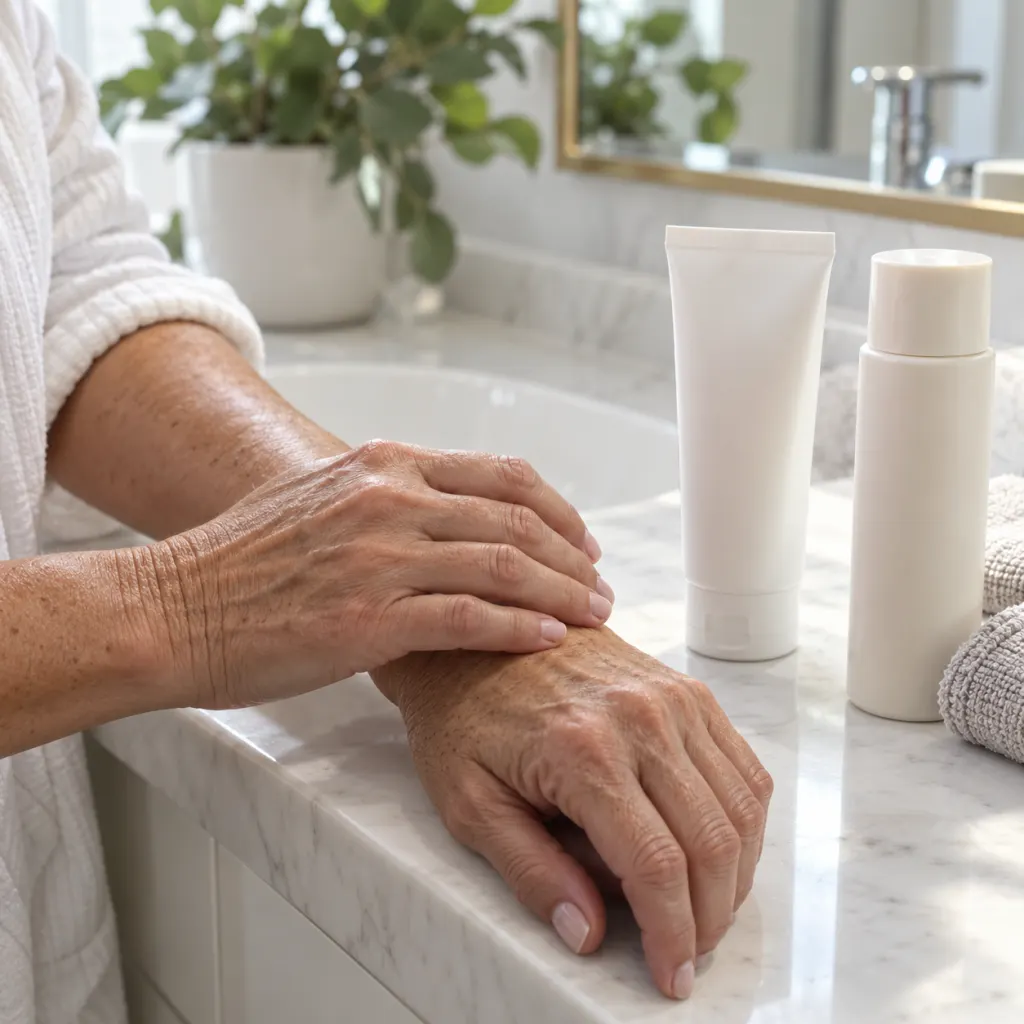 Mature hands and forearms beside moisturizer and sunscreen in soft daylight.