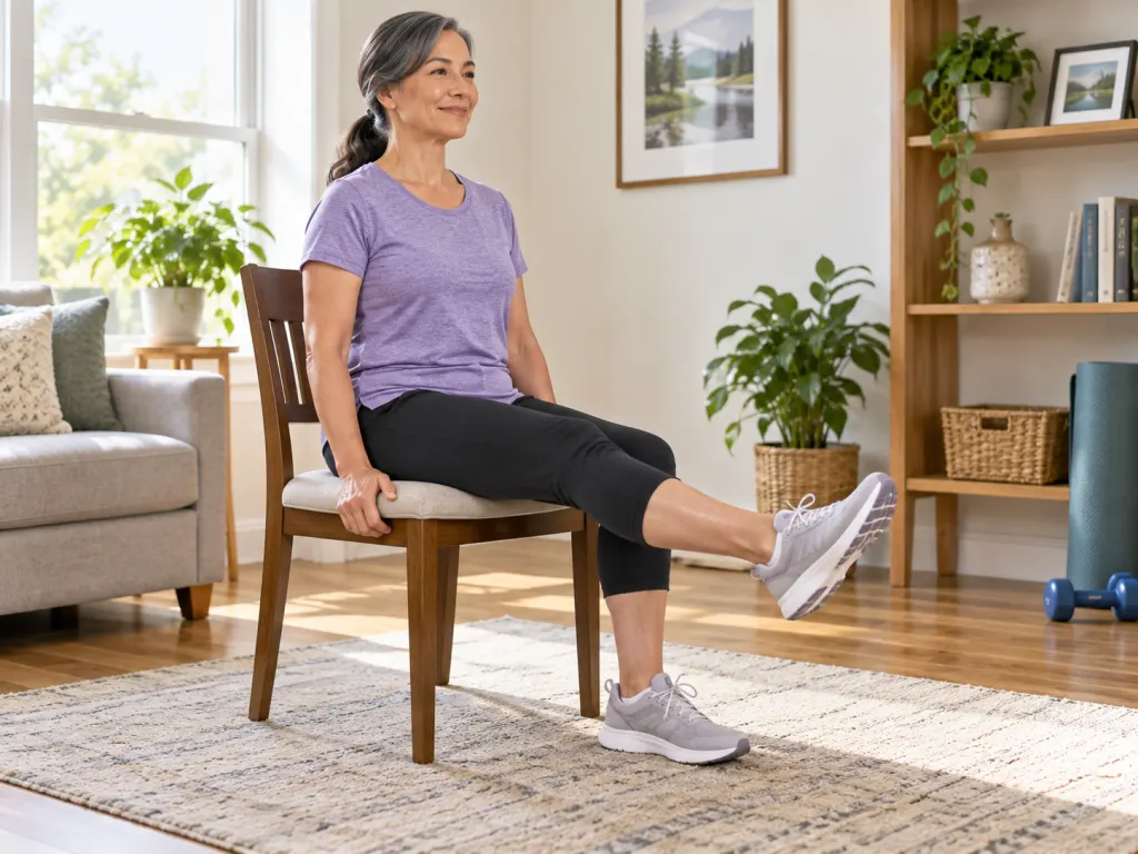 An adult doing gentle seated leg exercises in a clear, safe room.