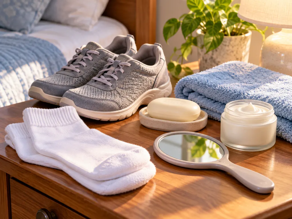 Foot care items including socks, shoes, mirror, towel, and moisturizer arranged neatly.