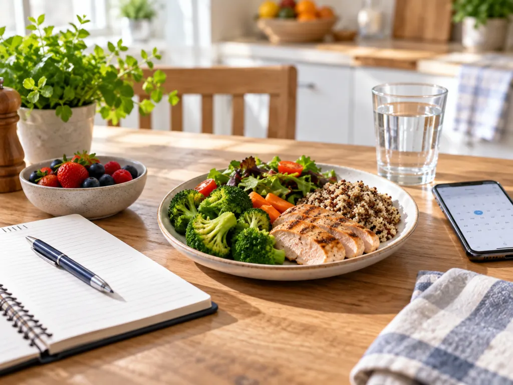 A notebook, water glass, and balanced meal on a table for tracking daily routines.