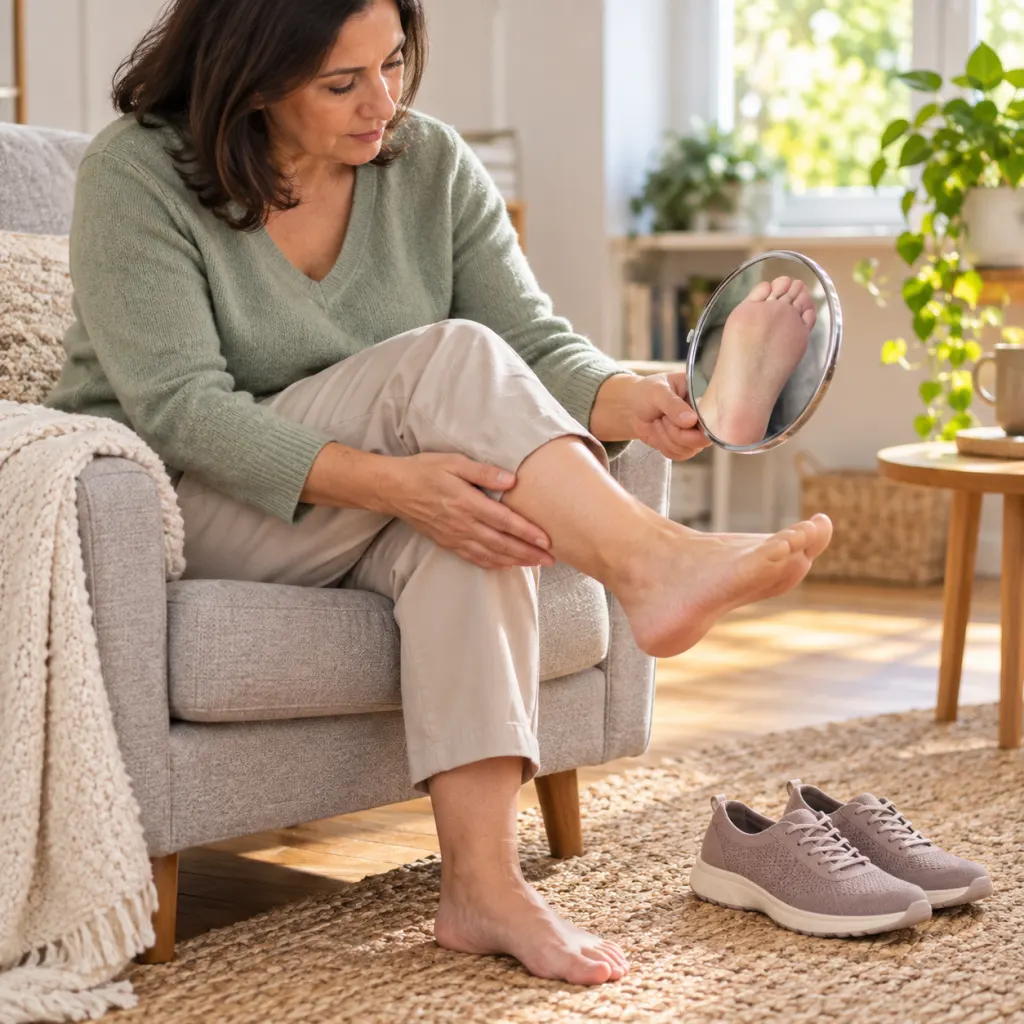 A person checking one foot with a hand mirror in a calm home setting.
