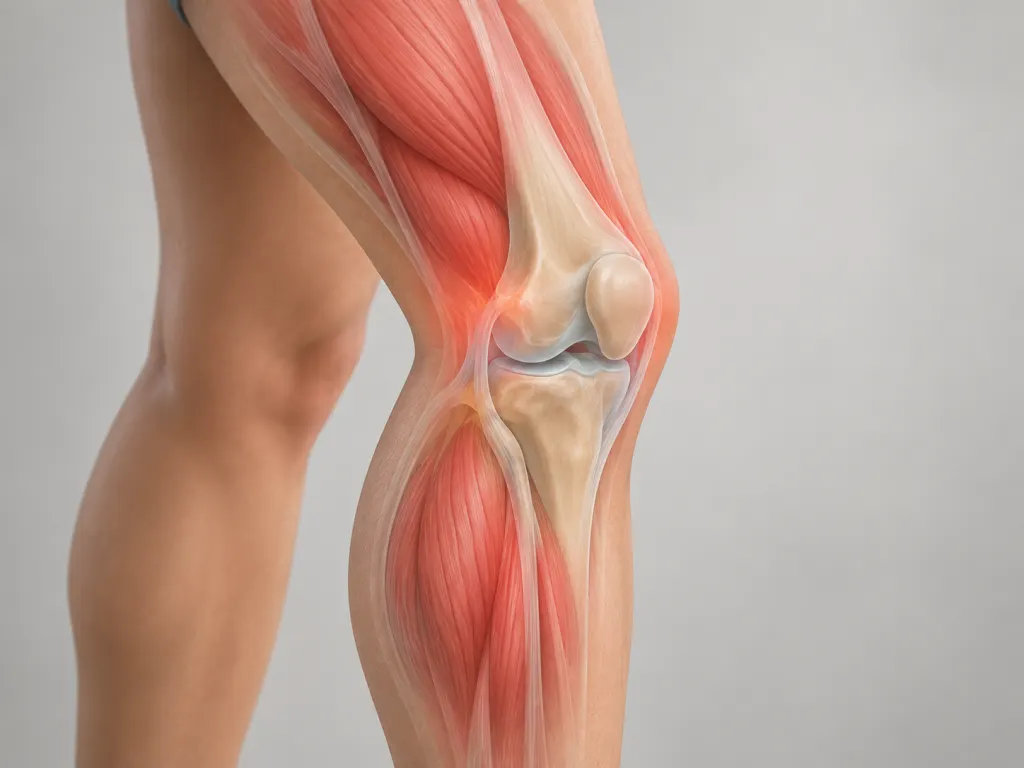 Calm illustration of a knee joint and surrounding support muscles.