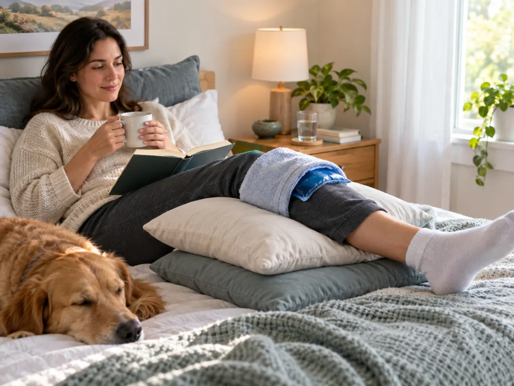 Knee elevated on pillows with a towel-wrapped cold pack over clothing.