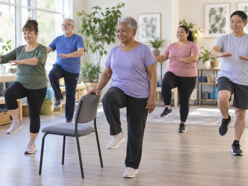 Adults practicing gentle low-impact movement with chair support in a bright room.