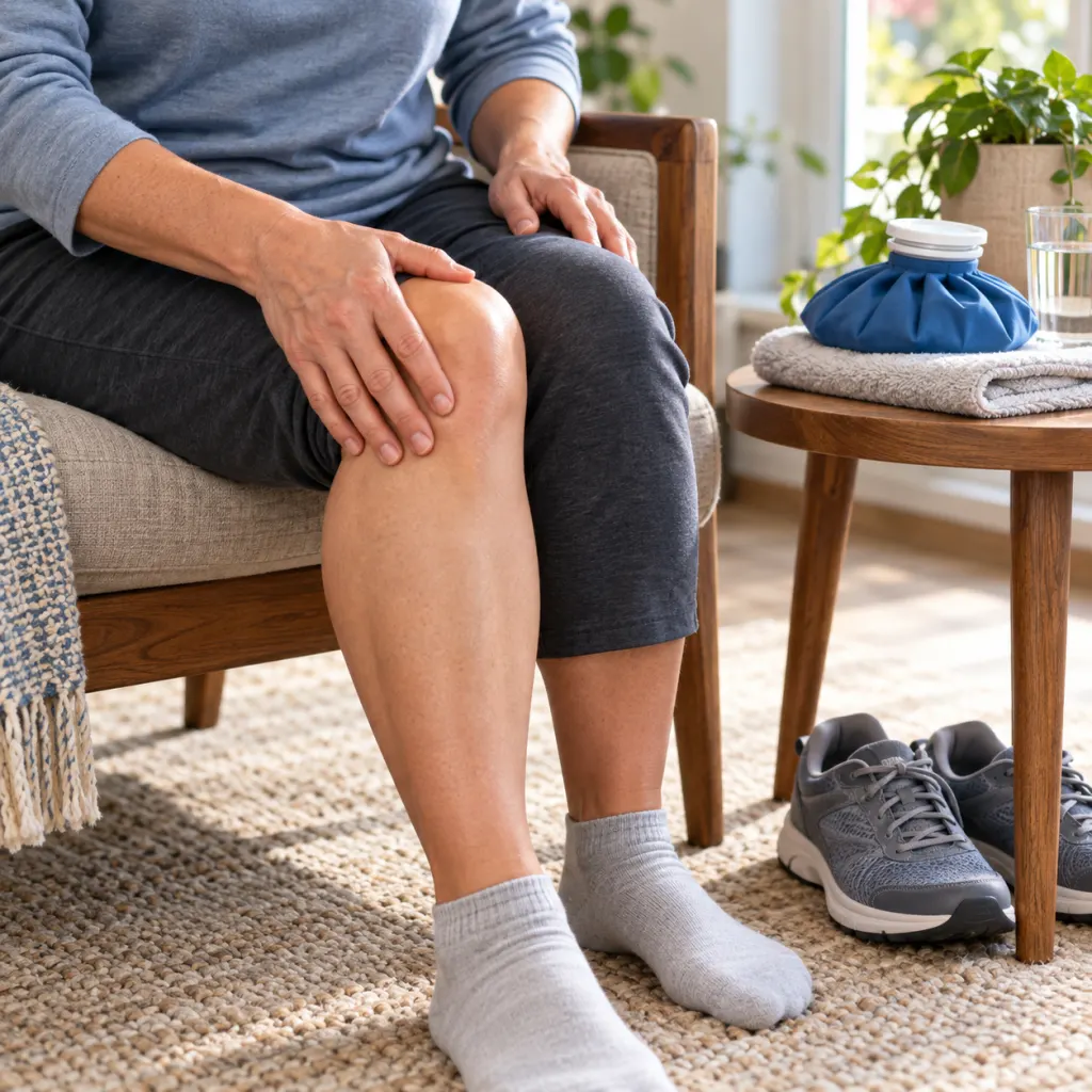 Adult seated at home with a towel-wrapped cold pack and supportive shoes nearby.