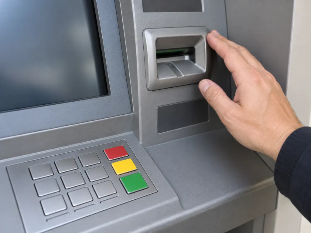 Close view of an ATM card reader and keypad being checked before use.