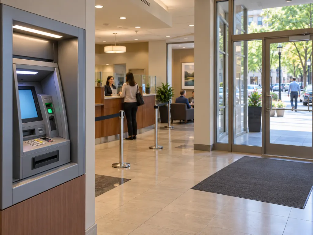 Well-lit indoor ATM with clear surroundings and open sightlines.
