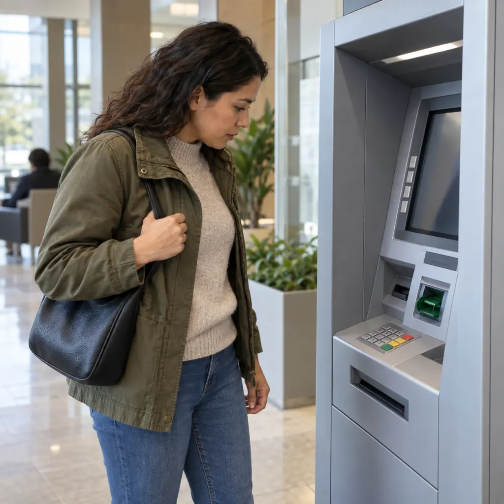 Person calmly inspecting an ATM before inserting a card.