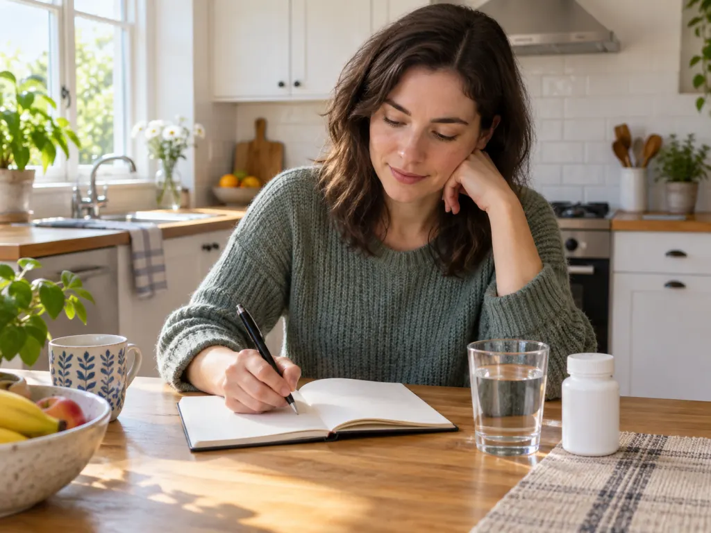 A person records symptoms in a notebook beside water and a medicine bottle.