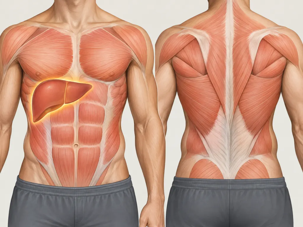 A non-graphic illustration highlights muscle areas and the liver region.